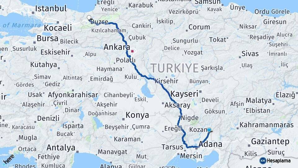 Adana Kozan Düzce Arası Kaç Km - Yol Haritası