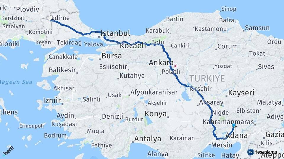 Adana Kozan Edirne Arası Kaç Km - Yol Haritası