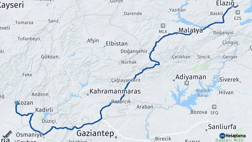 Adana Kozan Elazığ Arası Kaç Km - Yol Haritası