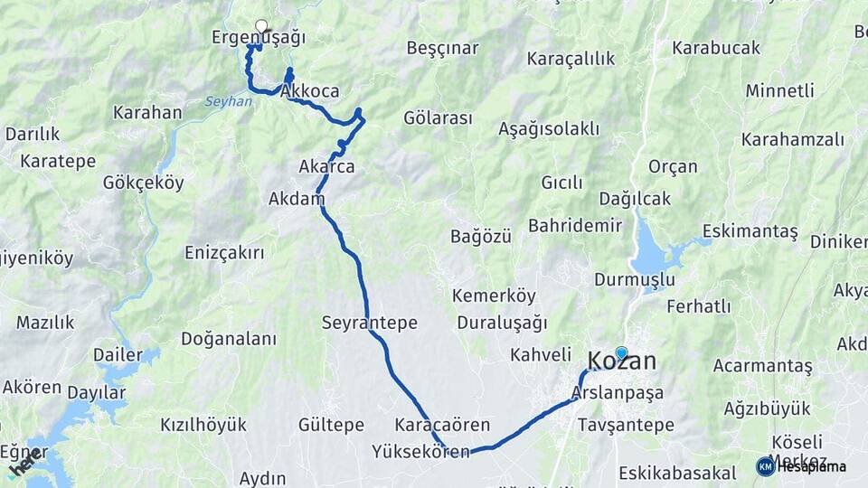 Adana Kozan Ergenuşağı Kozan Arası Kaç Km - Yol Haritası
