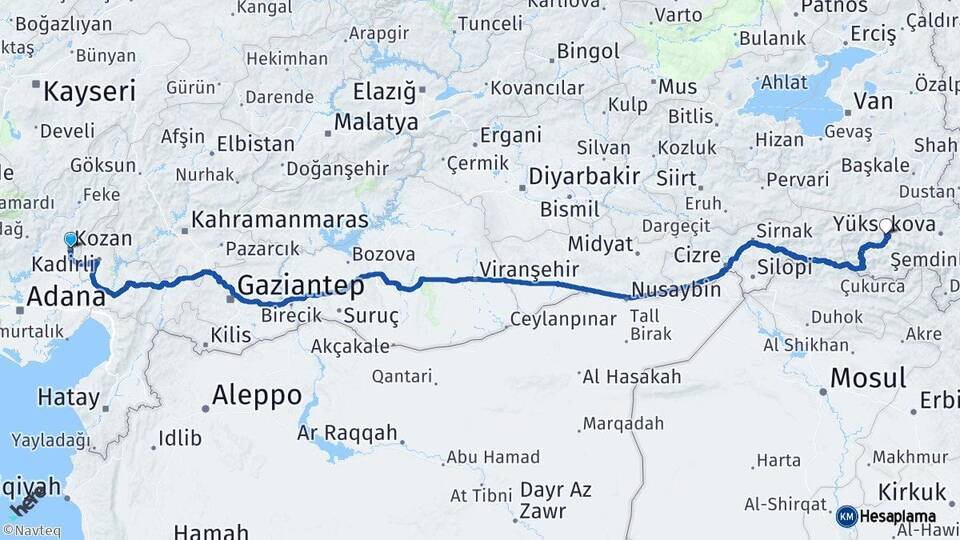 Adana Kozan Hakkari Arası Kaç Km - Yol Haritası