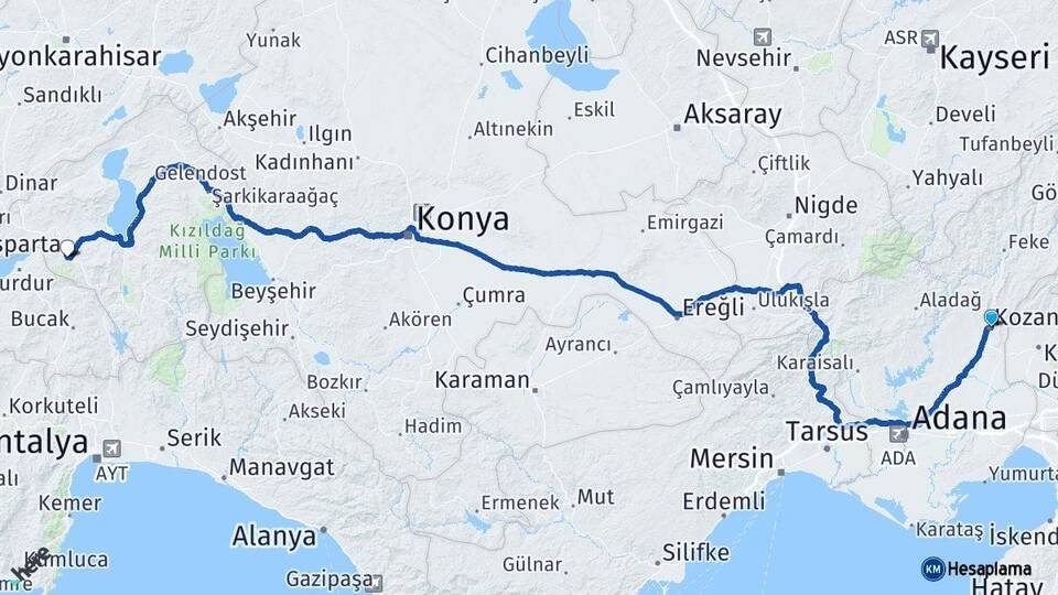 Adana Kozan Isparta Arası Kaç Km - Yol Haritası