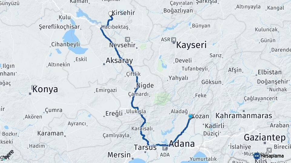 Adana Kozan Kırşehir Arası Kaç Km - Yol Haritası