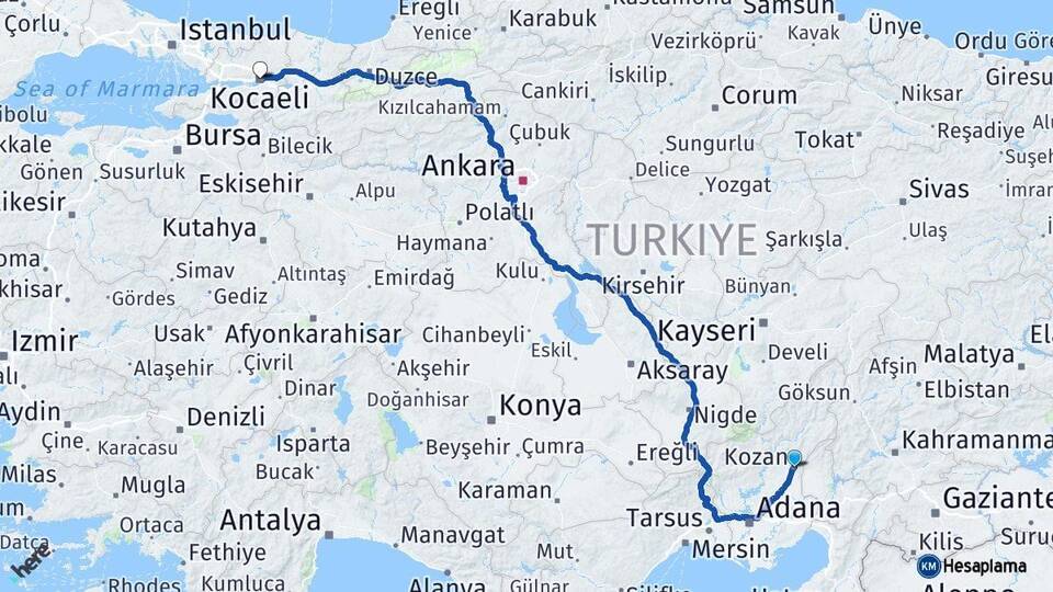 Adana Kozan Kocaeli Arası Kaç Km - Yol Haritası