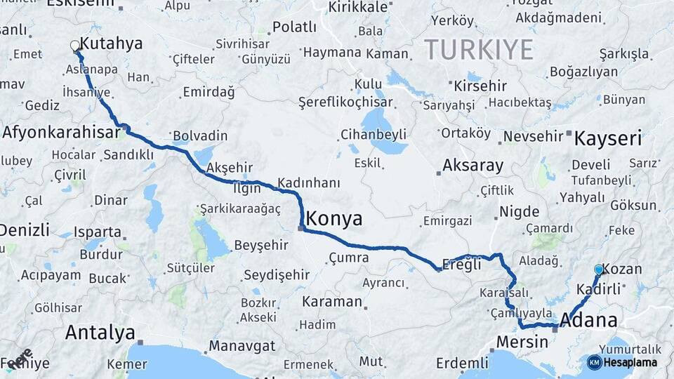 Adana Kozan Kütahya Arası Kaç Km - Yol Haritası