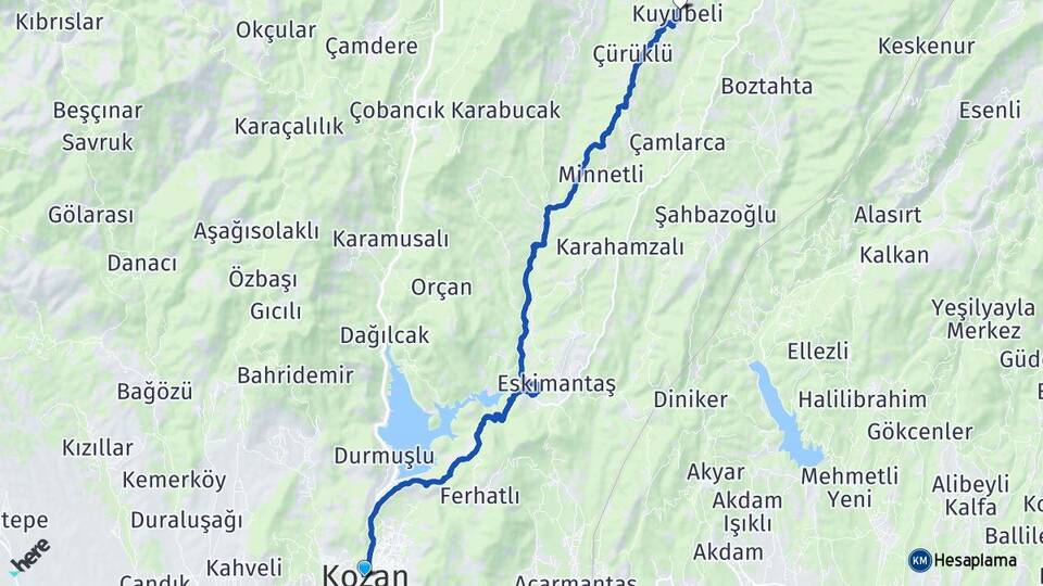 Adana Kozan Kuyubeli Kozan Arası Kaç Km - Yol Haritası