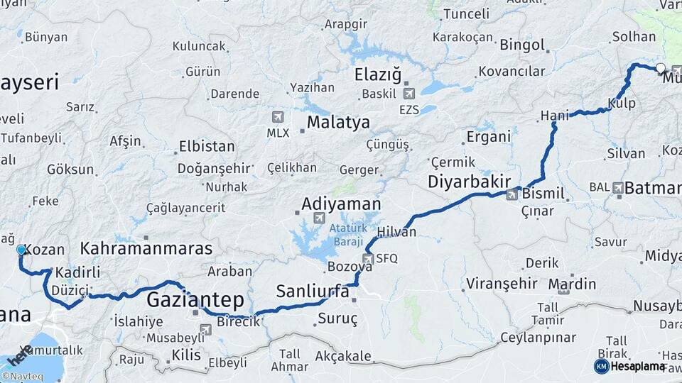 Adana Kozan Muş Arası Kaç Km - Yol Haritası