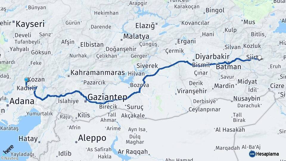 Adana Kozan Siirt Arası Kaç Km - Yol Haritası