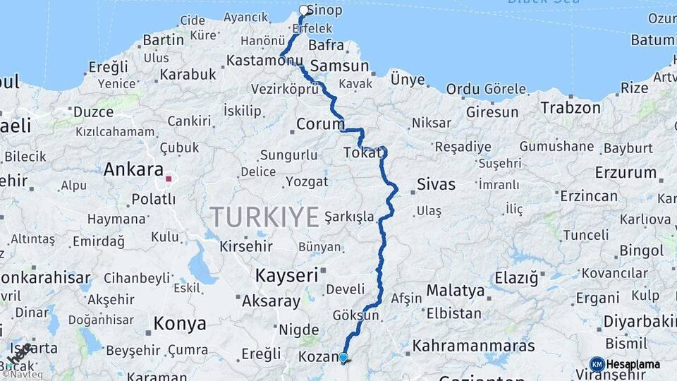 Adana Kozan Sinop Arası Kaç Km - Yol Haritası