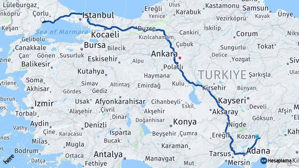 Adana Kozan Tekirdağ Arası Kaç Km - Yol Haritası