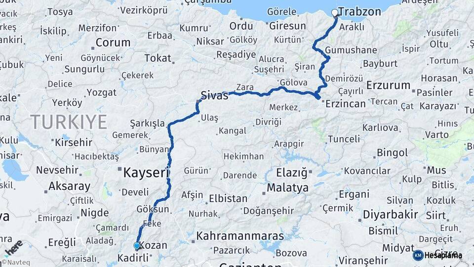 Adana Kozan Trabzon Arası Kaç Km - Yol Haritası