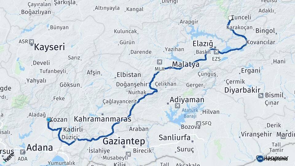 Adana Kozan Tunceli Arası Kaç Km - Yol Haritası