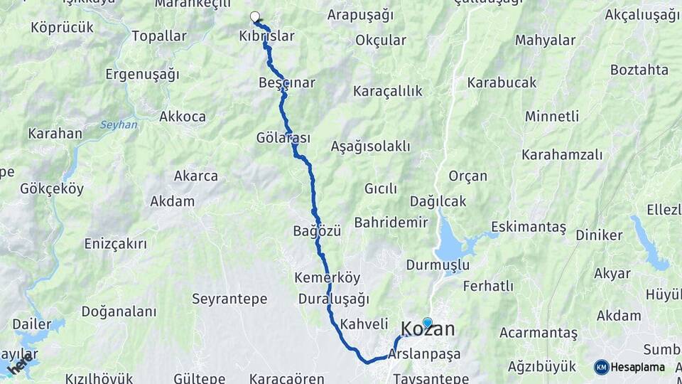 Adana Kozan Velicanlı Kozan Arası Kaç Km - Yol Haritası