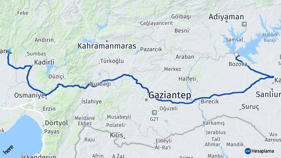 Adana Kozan Yaslıca Bozova Şanlıurfa Arası Kaç Km - Yol Haritası