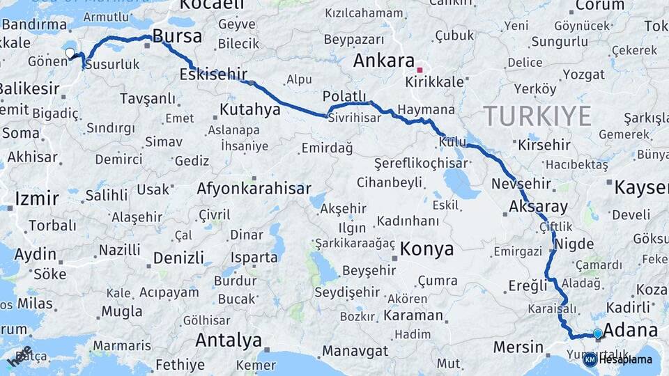Adana Manyas Balıkesir Arası Kaç Km - Yol Haritası