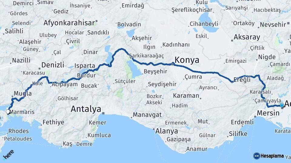 Adana Marmaris Muğla Arası Kaç Km - Yol Haritası