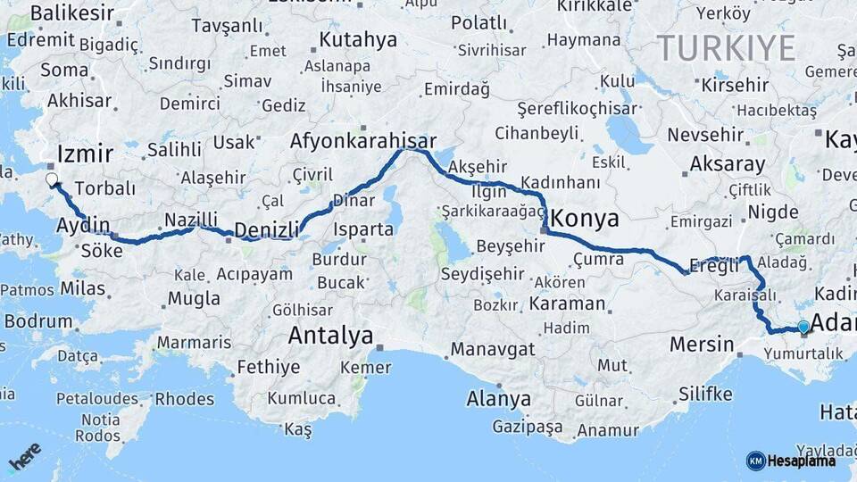 Adana Menderes İzmir Arası Kaç Km - Yol Haritası