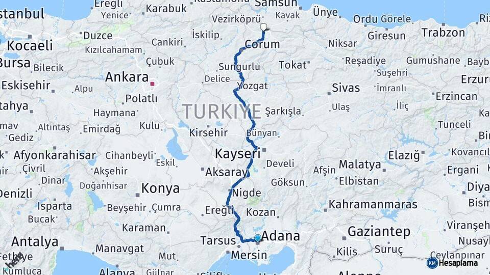 Adana Merzifon Amasya Arası Kaç Km - Yol Haritası