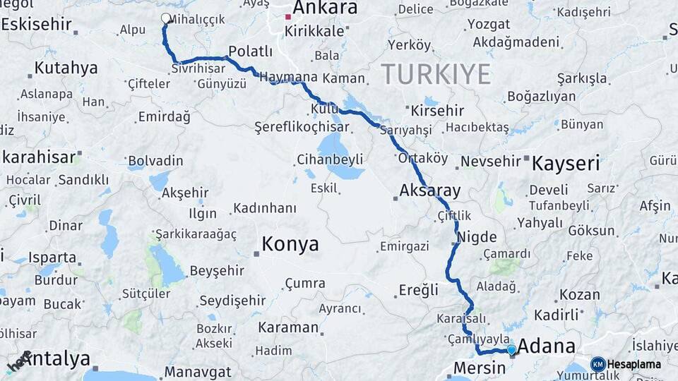 Adana Mihalıççık Eskişehir Arası Kaç Km - Yol Haritası