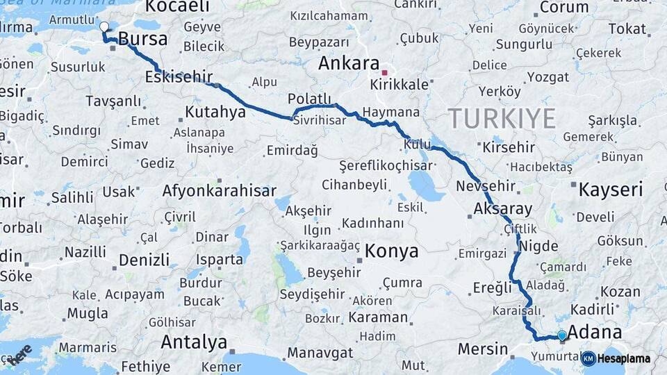 Adana Mudanya Bursa Arası Kaç Km - Yol Haritası