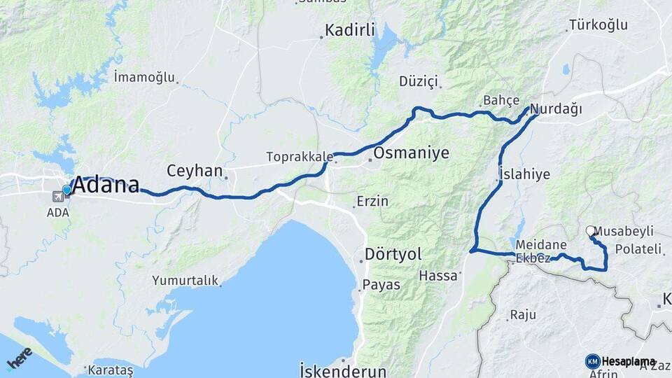 Adana Musabeyli Kilis Arası Kaç Km - Yol Haritası