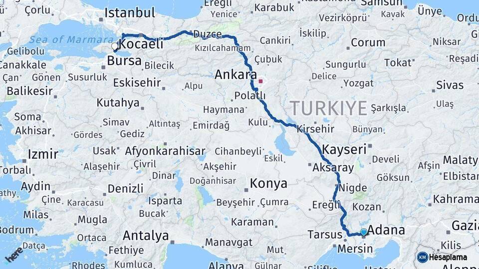 Adana Orhangazi Bursa Arası Kaç Km - Yol Haritası