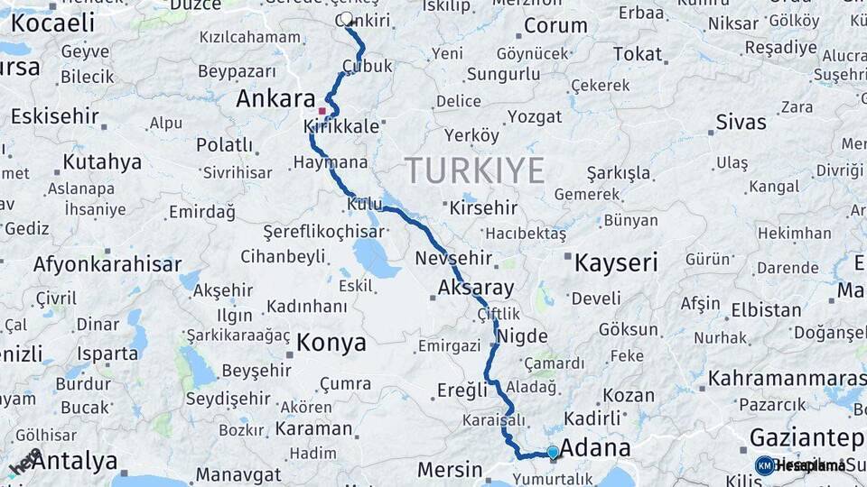 Adana Orta Çankırı Arası Kaç Km - Yol Haritası