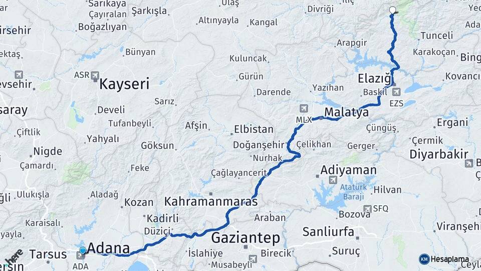 Adana Ovacık Tunceli Arası Kaç Km - Yol Haritası