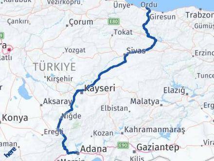Adana Perşembe Ordu Arası Kaç Km - Yol Haritası