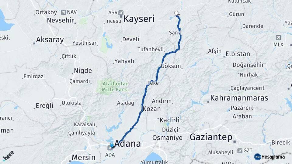 Adana Pınarbaşı Kayseri Arası Kaç Km - Yol Haritası