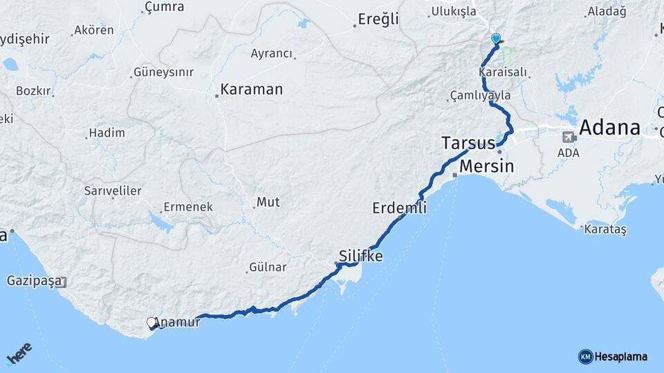Adana Pozantı Anamur Mersin Arası Kaç Km - Yol Haritası