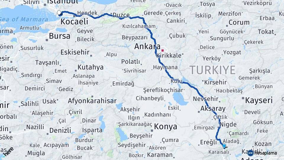 Adana Pozantı Arapçeşme Gebze Kocaeli Arası Kaç Km - Yol Haritası