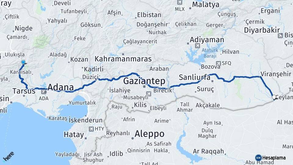 Adana Pozantı Ceylanpınar Şanlıurfa Arası Kaç Km - Yol Haritası
