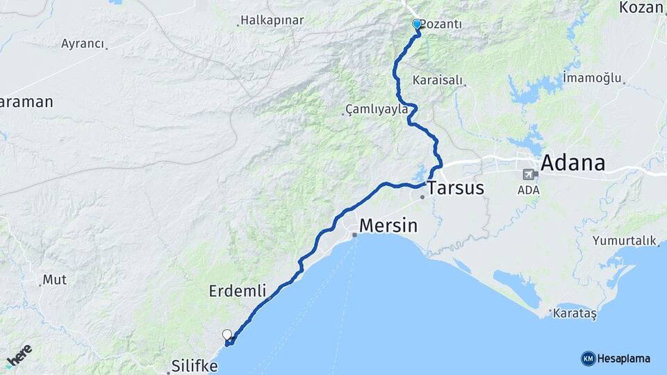 Adana Pozantı Kızkalesi Erdemli Mersin Arası Kaç Km - Yol Haritası