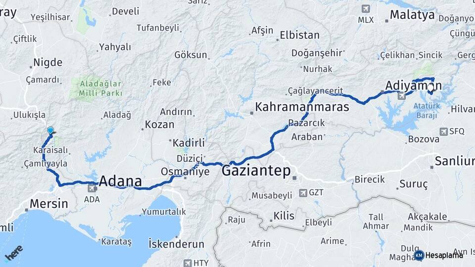 Adana Pozantı Menzil Kahta Adıyaman Arası Kaç Km - Yol Haritası
