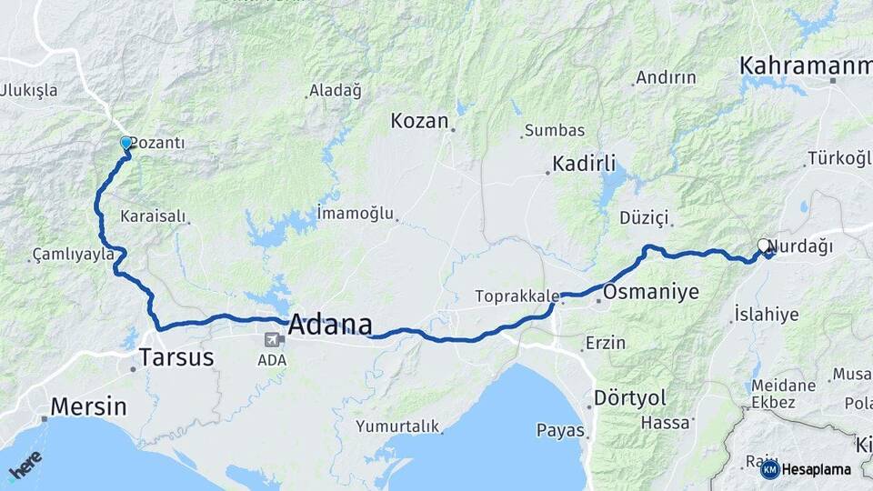 Adana Pozantı Nurdağı Gaziantep Arası Kaç Km - Yol Haritası