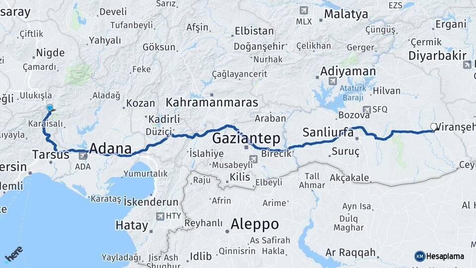 Adana Pozantı Viranşehir Şanlıurfa Arası Kaç Km - Yol Haritası