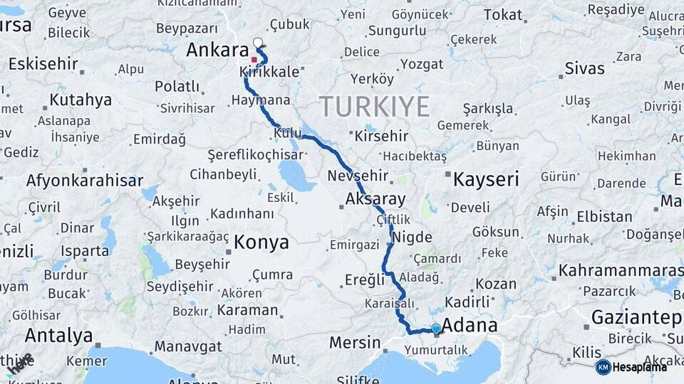 Adana Pursaklar Ankara Arası Kaç Km - Yol Haritası