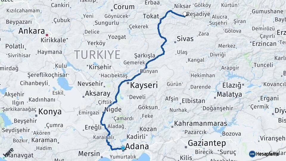 Adana Reşadiye Tokat Arası Kaç Km - Yol Haritası