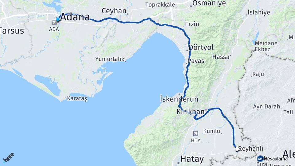 Adana Reyhanlı Hatay Arası Kaç Km - Yol Haritası