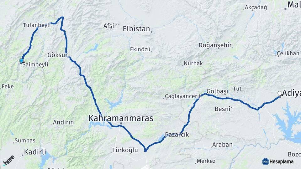 Adana Saimbeyli Adıyaman Arası Kaç Km - Yol Haritası