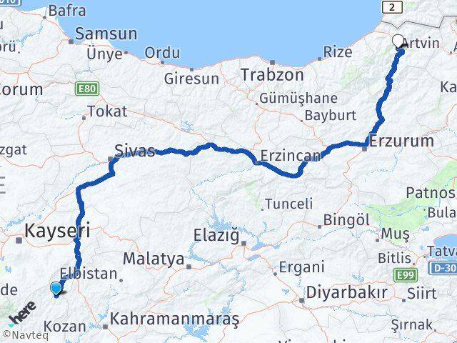Adana Saimbeyli Artvin Arası Kaç Km - Yol Haritası