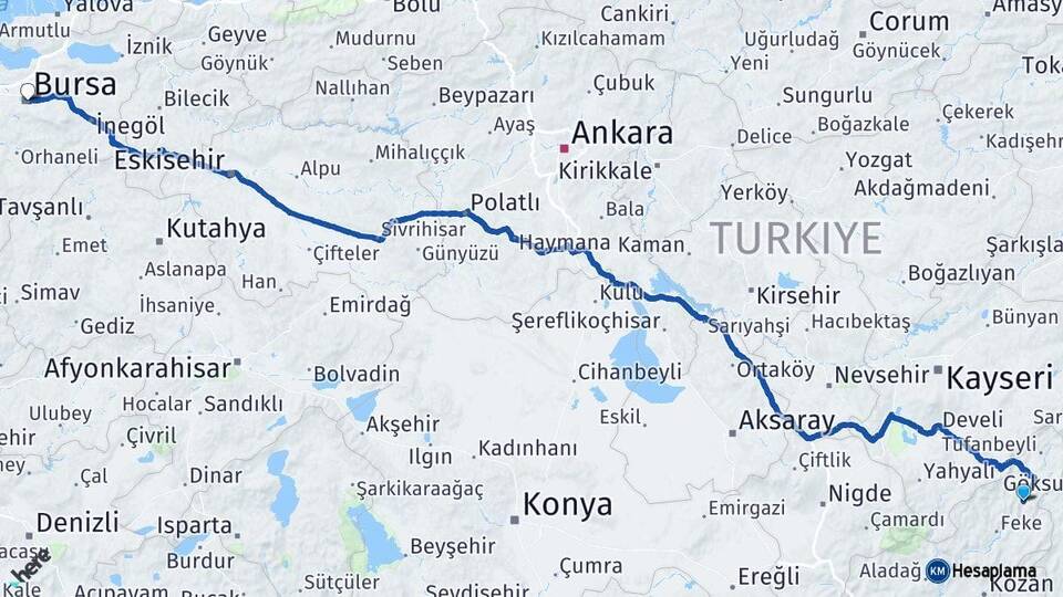 Adana Saimbeyli Bursa Arası Kaç Km - Yol Haritası