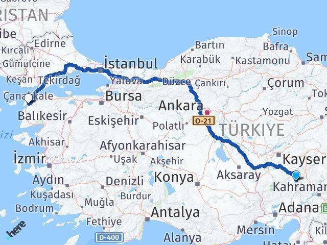 Adana Saimbeyli Çanakkale Arası Kaç Km - Yol Haritası
