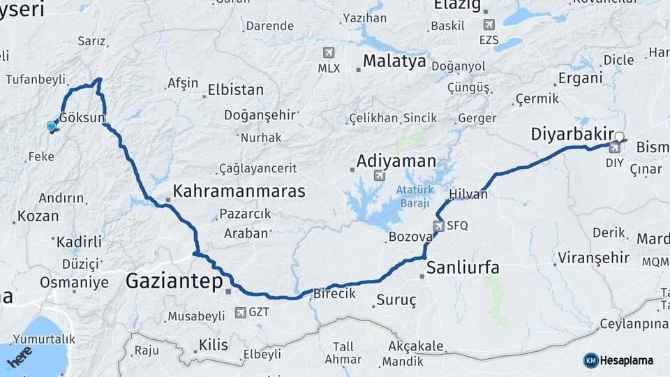 Adana Saimbeyli Diyarbakır Arası Kaç Km - Yol Haritası