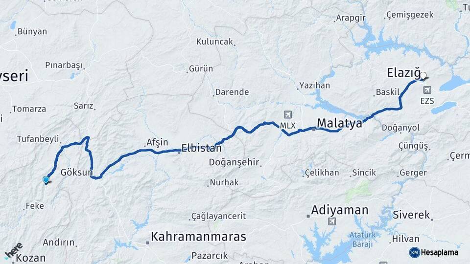 Adana Saimbeyli Elazığ Arası Kaç Km - Yol Haritası