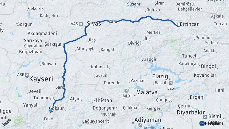 Adana Saimbeyli Erzincan Arası Kaç Km - Yol Haritası
