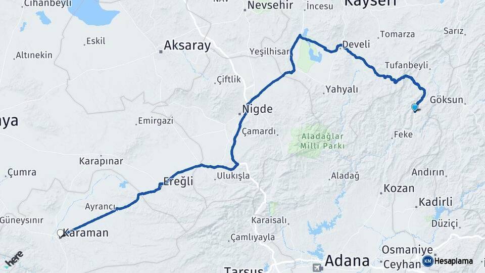 Adana Saimbeyli Karaman Arası Kaç Km - Yol Haritası
