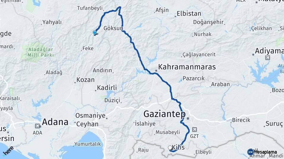 Adana Saimbeyli Kilis Arası Kaç Km - Yol Haritası