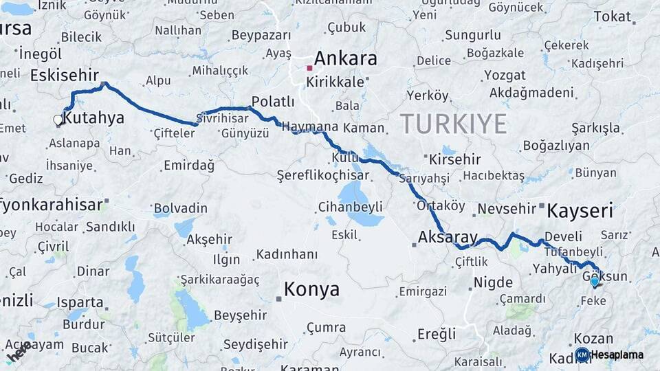 Adana Saimbeyli Kütahya Arası Kaç Km - Yol Haritası